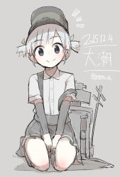 Rule 34 | 10s, 1girl, 2015, bad id, bad nicoseiga id, between legs, character name, commentary request, dated, grey background, hair ribbon, hand between legs, hat, kantai collection, looking at viewer, machinery, ooshio (kancolle), pleated skirt, ribbon, school uniform, seiza, serafuku, short hair, short twintails, simple background, sitting, skirt, smile, solo, suspenders, twintails, twitter username, v arms, yopan danshaku