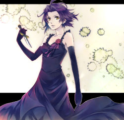 Rule 34 | 1girl, ahoge, baccano!, breasts, chane laforet, cleavage, collarbone, dress, elbow gloves, evening gown, floating hair, flower, gloves, holding, holding knife, knife, letterboxed, long dress, looking at viewer, medium breasts, purple dress, purple gloves, purple hair, purple ribbon, red flower, ribbon, riq, short hair, sleeveless, sleeveless dress, solo, standing, white background, yellow eyes