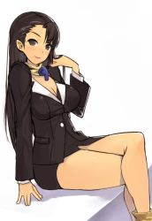 Rule 34 | 1girl, adjusting hair, mia fey, bare legs, black eyes, black hair, breasts, capcom, cleavage, formal, ace attorney, jacket, large breasts, legs, crossed legs, long hair, magatama, miniskirt, mole, mole under mouth, nagase haruhito, pencil skirt, sitting, skirt, skirt suit, smile, solo, suit