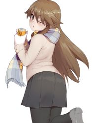 Rule 34 | 1girl, :o, alternate costume, arashio (kancolle), black pantyhose, black skirt, blush, brown eyes, brown hair, can, from behind, gloves, hair between eyes, head tilt, highres, holding, holding can, honmakaina kudou, jacket, kantai collection, leg up, long hair, long sleeves, one eye closed, open mouth, pantyhose, plaid, plaid scarf, pleated skirt, scarf, simple background, skirt, solo, white background, white gloves