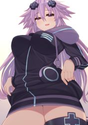 Rule 34 | 1girl, adult neptune, blush, breasts, d-pad, d-pad hair ornament, dura, hair between eyes, hair ornament, highres, jacket, large breasts, long hair, long sleeves, looking at viewer, neptune (series), purple eyes, purple hair, shin jigen game neptune vii, sidelocks, smile, solo, thigh strap