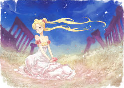 Rule 34 | 1990s (style), 1girl, bad id, bad pixiv id, bare shoulders, bead bracelet, beads, bishoujo senshi sailor moon, blonde hair, bracelet, crescent, crescent facial mark, crescent moon, double bun, dress, facial mark, floating hair, flower, forehead mark, frilled dress, frills, ian olympia, jewelry, long hair, moon, petals, princess serenity, red flower, red rose, retro artstyle, rose, rose petals, ruins, sitting, sky, solo, strapless, strapless dress, tsukino usagi, twintails, white dress, wind