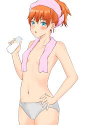 Rule 34 | 1girl, blue eyes, blush, breasts, convenient censoring, glass, hair up, hand on own hip, holding, holding glass, looking at viewer, milk, navel, open mouth, orange hair, original, panties, short hair, simple background, small breasts, solo, sora (centersky), standing, topless, towel, towel on head, towel over breasts, underwear, wet, white background
