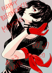 Rule 34 | 1girl, 2018, arm up, black hair, black shirt, braid, character name, collar, collarbone, crown braid, dated, gloves, grey background, happy birthday, heart, hi (ibisf5umauma), niijima makoto, open mouth, persona, persona 5, persona 5: dancing star night, persona dancing, profile, red eyes, red gloves, shirt, short hair, short sleeves, simple background, solo