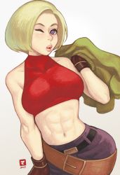 Rule 34 | 1girl, abs, blue mary, breasts, fatal fury, maou alba, muscular, muscular female, short hair, simple background, solo, the king of fighters