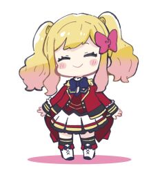 Rule 34 | 1girl, aikatsu! (series), aikatsu stars!, black socks, blonde hair, blue bow, blush stickers, boots, bow, chibi, closed eyes, closed mouth, colored shoe soles, epaulettes, facing viewer, full body, hair bow, highres, jacket, kneehighs, long sleeves, nijino yume, nozo (hitomiz), open clothes, open jacket, pink bow, pleated skirt, red jacket, red vest, shirt, sidelocks, simple background, skirt, sleeves past wrists, socks, solo, standing, twintails, vest, white background, white footwear, white shirt, white skirt