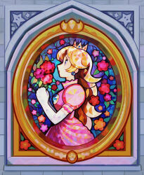 Rule 34 | 1girl, blonde hair, blue eyes, crown, dress, earrings, elbow gloves, eyelashes, flower, gloves, high collar, jewelry, long hair, longestdistance, looking up, mario (series), nintendo, own hands together, painting (object), pink dress, princess peach, profile, puffy short sleeves, puffy sleeves, short sleeves, sidelocks, stained glass, star (symbol), super mario 64, toad (mario), white gloves