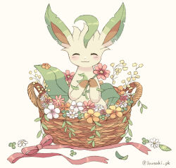 Rule 34 | :3, basket, blush, closed eyes, closed mouth, commentary request, creatures (company), facing viewer, flower, game freak, gen 4 pokemon, highres, ibusaki (ivu), in basket, leafeon, nintendo, no humans, pink flower, pokemon, pokemon (creature), ribbon, smile, solo
