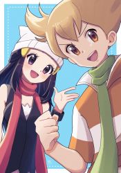 Rule 34 | 1boy, 1girl, :d, barry (pokemon), beanie, black hair, blonde hair, blue background, blush, border, bracelet, clenched hand, commentary, creatures (company), dawn (pokemon), framed, game freak, green scarf, hair ornament, hairclip, hat, highres, jacket, jewelry, long hair, moegi itsukashi, nintendo, open mouth, orange eyes, outside border, pokemon, pokemon dppt, red scarf, scarf, shirt, short hair, short sleeves, sidelocks, sleeveless, sleeveless shirt, smile, striped clothes, striped jacket, tongue, white border, white headwear