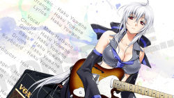 Rule 34 | 1girl, ahoge, bare shoulders, breasts, cleavage, collarbone, detached sleeves, dutch angle, electric guitar, expressionless, fender telecaster, guitar, hair ribbon, instrument, large breasts, long hair, ponytail, red eyes, ribbon, sad, silver hair, solo, text focus, venuspunk, vocaloid, yowane haku