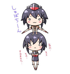 Rule 34 | 10s, 2girls, :&lt;, :3, black hair, black one-piece swimsuit, blush, closed mouth, crop top, crossed arms, full body, hair between eyes, handstand, hat, unworn hat, headphones, unworn headwear, holding, holding clothes, holding hat, i-13 (kancolle), i-14 (kancolle), kantai collection, looking at viewer, multiple girls, o o, on head, one-piece swimsuit, school swimsuit, school uniform, serafuku, shirt, short hair, siblings, simple background, single vertical stripe, sisters, sleeveless, sleeveless shirt, standing, swimsuit, swimsuit under clothes, tayu (yamityoko), text focus, thigh strap, translation request, white background, white shirt