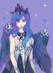 Rule 34 | 1girl, animal ears, armor, bare shoulders, blue hair, horns, long hair, luna (my little pony), matsusaka, my little pony, my little pony: friendship is magic, personification, purple background, single horn, solo, sparkle, wings