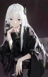 Rule 34 | 1girl, black background, black capelet, black dress, black jacket, blush, bug, butterfly, butterfly hair ornament, capelet, closed mouth, collarbone, colored eyelashes, commentary, dino (dinoartforame), dress, echidna (re:zero), green butterfly, hair between eyes, hair ornament, hair ribbon, hand on own chin, head rest, highres, holding, holding spoon, insect, jacket, long hair, long sleeves, looking at viewer, lying, on stomach, on table, open clothes, open jacket, purple eyes, re:zero kara hajimeru isekai seikatsu, ribbon, sidelocks, simple background, smile, solo, spoon, table, upper body, white hair
