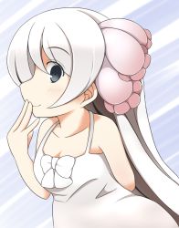 Rule 34 | 10s, 1girl, arm behind back, bare shoulders, black eyes, bow, collarbone, commentary request, dress, eyes visible through hair, hand to own mouth, hanzaki hiya, kemono friends, long hair, looking at viewer, mexico salamander (kemono friends), profile, sleeveless, sleeveless dress, smile, solo, upper body, white dress, white hair