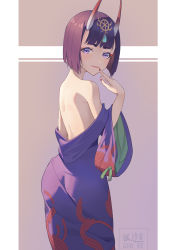 Rule 34 | 1girl, absurdres, ass, back, bare shoulders, bob cut, breasts, eyeliner, fate/grand order, fate (series), gk guoke, headpiece, highres, horns, japanese clothes, kimono, long sleeves, looking at viewer, makeup, off shoulder, oni, purple eyes, purple hair, purple kimono, short hair, shuten douji (fate), skin-covered horns, small breasts, smile, solo, wide sleeves