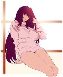 Rule 34 | 1girl, alternate costume, backlighting, blush, breasts, fate/grand order, fate (series), hair between eyes, hair intakes, hand in own hair, highres, large breasts, long hair, looking at viewer, purple hair, red eyes, scathach (fate), shijie jianfa, solo, sweater, thighs, white sweater