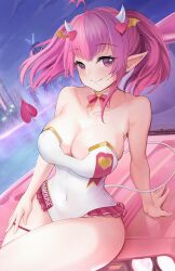 Rule 34 | 1girl, absurdres, ahoge, blush, bow, bow choker, breasts, choker, cleavage, demon girl, demon horns, demon tail, demon wings, hair ornament, head wings, heart, heart ahoge, heart hair ornament, highres, horns, ironmouse, ironmouse (race queen), large breasts, leotard, looking at viewer, multicolored hair, pink bow, pink eyes, pink hair, pointy ears, purple hair, sanatdraws, smile, streaked hair, tail, thigh strap, twintails, virtual youtuber, vshojo, white choker, white leotard, wings