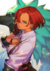 Rule 34 | 1girl, breasts, cleavage, collared shirt, dark-skinned female, dark skin, embers, fingerless gloves, giovanna (guilty gear), gloves, green fur, guilty gear, guilty gear strive, hair over one eye, hand on own face, hungry clicker, large breasts, looking at viewer, partially unbuttoned, red hair, rei (guilty gear), shirt, short hair, sleeves pushed up, suspenders, upper body, wolf