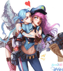 Rule 34 | 2girls, absurdres, arm tattoo, arms around neck, asymmetrical bangs, bare shoulders, blue eyes, blue hair, blush, braid, breasts, cleavage, cleavage cutout, clothing cutout, cloud tattoo, cropped legs, dash (734851641), dreadlocks, eye contact, facial tattoo, fingerless gloves, gloves, hat, heart, highres, hug, hug from behind, incest, jinx (league of legends), large breasts, league of legends, long braid, long hair, looking at another, mechanical hands, metal gloves, midriff, multiple girls, navel, open mouth, pants, pink hair, police, police hat, police uniform, policewoman, red eyes, rocket launcher, shoulder tattoo, siblings, simple background, sisters, smile, spoken heart, stomach cutout, stomach tattoo, striped clothes, striped pants, surprised, tattoo, twin braids, uniform, very long hair, vi (league of legends), weapon, white background, yuri