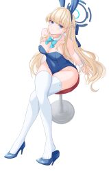 Rule 34 | 1girl, bare shoulders, blonde hair, blue archive, blue bow, blue bowtie, blue eyes, blue footwear, blue hair, blue leotard, blunt bangs, bow, bowtie, braid, breasts, cleavage, detached collar, french braid, full body, halo, high heels, highres, legs, leotard, long hair, looking at viewer, medium breasts, multicolored hair, philo 324, playboy bunny, shoe dangle, simple background, sitting, solo, streaked hair, thighhighs, thighs, toki (blue archive), toki (bunny) (blue archive), white background, white thighhighs, wrist cuffs