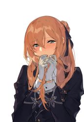 Rule 34 | 1girl, black ribbon, blazer, blush, braid, brown hair, commentary request, covering face, crying, cuffs, duoyuanjun, eyebrows, girls&#039; frontline, gloves, green eyes, hair between eyes, hair bun, hair ribbon, happy, happy tears, head tilt, highres, holding, holding own hair, jacket, long hair, long sleeves, looking at viewer, nose blush, personification, ribbon, simple background, single hair bun, smile, solo, springfield (girls&#039; frontline), tears, upper body, white background, white gloves, wrist cuffs