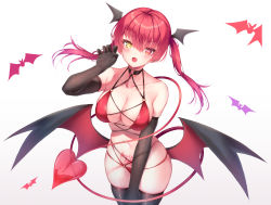 Rule 34 | 1girl, absurdres, bare shoulders, bikini, black choker, black gloves, black thighhighs, blush, breasts, choker, claw pose, cleavage, collarbone, commentary, cowboy shot, demon tail, demon wings, elbow gloves, gloves, hair between eyes, halterneck, head wings, heterochromia, highres, hololive, houshou marine, ijac ray, large breasts, long hair, looking at viewer, low wings, navel, o-ring, o-ring bikini, open mouth, pubic tattoo, red bikini, red eyes, red hair, simple background, solo, standing, stomach, swimsuit, tail, tattoo, thighhighs, twintails, virtual youtuber, white background, wings, yellow eyes