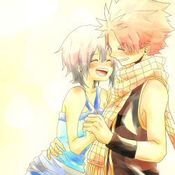 Rule 34 | 1boy, 1girl, bare shoulders, breasts, fairy tail, lisanna strauss, natsu dragneel, open mouth, pink hair, scarf, simple background, teeth, vest, white hair