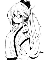 Rule 34 | 1girl, bow, closed mouth, collared shirt, commentary, eyebrows hidden by hair, from side, fujiwara no mokou, greyscale, hair between eyes, hair bow, hanokami, high contrast, highres, long hair, long sleeves, looking at viewer, monochrome, ponytail, shirt, simple background, solo, suspenders, touhou, upper body