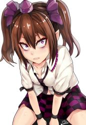 Rule 34 | 1girl, armband, bad id, bad pixiv id, bags under eyes, bow, breasts, brown hair, checkered background, hair bow, hat, hata-tan (rui (hershe)), himekaidou hatate, looking up, loose necktie, missing textures, necktie, open clothes, open shirt, pointy ears, purple eyes, shirt, simple background, sitting, small breasts, solo, tokin hat, touhou, tsurime, twintails, white background, wrist cuffs, yakan 7, yukinojou yakan
