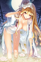 Rule 34 | 1girl, adjusting hair, bare legs, bathing, blonde hair, breasts, cherrypin, collarbone, full moon, grin, hanging breasts, large breasts, leaning forward, legs, linia pacifica, long hair, lowres, moon, night, nudist, outdoors, red eyes, robe, see-through, smile, soaking feet, solo, sword girls, thighs, water, wet, wet clothes, wet hair, zenra