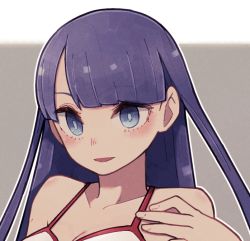 Rule 34 | 1girl, :d, bikini, blush, commission, fate/grand order, fate (series), fingernails, grey background, hand up, lamb-oic029, long hair, looking at viewer, martha (fate), open mouth, portrait, purple eyes, purple hair, skeb commission, smile, solo, swimsuit, white bikini