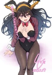 Rule 34 | 1girl, alternate costume, animal ears, bare shoulders, black hair, black leotard, black panties, blush, bow, bowtie, breasts, brown eyes, cleavage, cowboy shot, detached collar, fake animal ears, gluteal fold, gradient background, hair ornament, hairband, hand on own chest, haruna (kancolle), haruna kai ni (kancolle), headgear, highres, jacket, kantai collection, large breasts, ld (luna dial398), leotard, long hair, looking at viewer, panties, pantyhose, pink background, playboy bunny, purple jacket, rabbit ears, rabbit tail, strapless, strapless leotard, tail, underwear, wrist cuffs