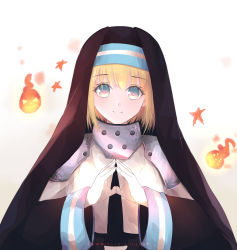 Rule 34 | 1girl, absurdres, artist name, black dress, blonde hair, brown background, closed mouth, commentary request, dress, en&#039;en no shouboutai, gradient background, grey eyes, habit, highres, iris (enen no shouboutai), lawnielle, long sleeves, nun, own hands together, smile, solo, steepled fingers, upper body, veil, white background, wide sleeves