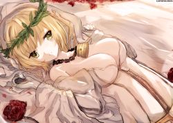 Rule 34 | 10s, 1girl, artist name, bad id, bad pixiv id, bare shoulders, blonde hair, breasts, chain, cleavage, elbow gloves, fate/extra, fate/extra ccc, fate/grand order, fate (series), flower, gloves, green eyes, head wreath, key, large breasts, lock, looking at viewer, lying, nekoya (liu), nero claudius (bride) (fate), nero claudius (bride) (third ascension) (fate), nero claudius (fate), nero claudius (fate) (all), on back, padlock, rose, short hair, solo, upper body, veil, white gloves, zipper