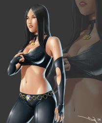Rule 34 | 10s, 1girl, black hair, breasts, choker, claws, cleavage, clothes pull, fingerless gloves, gloves, green eyes, iury padilha, large breasts, long hair, marvel, midriff, navel, parted bangs, parted lips, shirt pull, solo, sweat, x-23, x-men, zoom layer