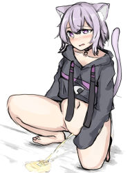 Rule 34 | 1girl, animal ears, barefoot, black hoodie, blush, bottomless, breasts, cat ears, cat girl, cat tail, clochetteravine, clothes lift, collarbone, highres, hololive, hood, hoodie, hoodie lift, long sleeves, looking at viewer, nekomata okayu, on one knee, open mouth, peeing, puddle, purple eyes, purple hair, pussy, short hair, small breasts, squatting, steam, tail, uncensored, virtual youtuber, white background