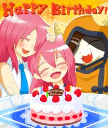 Rule 34 | 1boy, 2girls, animal ears, animal hood, anniversary, arc system works, birthday, birthday cake, blazblue, cake, candle, cat, cat ears, cat hood, english text, eyepatch, closed eyes, family, fang, father and daughter, food, happy birthday, hood, husband and wife, jubei (blazblue), kokonoe (blazblue), konoe a. mercury, long hair, mother and daughter, multiple girls, necktie, open mouth, pink hair, smile, tsuruhashi, aged down