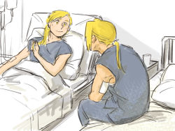 Rule 34 | 2boys, alphonse elric, bandages, bed, bed sheet, blonde hair, brothers, edward elric, fullmetal alchemist, glass, grey shirt, long hair, looking at another, lying, male focus, multiple boys, nore (boosuke), pillow, ponytail, shirt, siblings, sitting, smile, yellow eyes