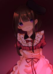 Rule 34 | 1girl, apron, arms behind back, bow, brown hair, cacao (cacaomgmg), closed mouth, collar, dress, dress bow, dress ribbon, false smile, long hair, looking at viewer, nishida satono, one-hour drawing challenge, pink dress, purple eyes, shaded face, smile, solo, touhou, waist apron, yandere