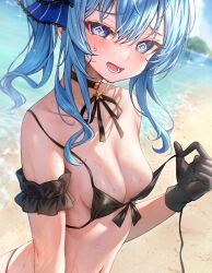 Rule 34 | 1girl, @ @, absurdres, bare shoulders, bikini, black bikini, black choker, black gloves, blue eyes, blue hair, blue ribbon, blush, breasts, choker, collarbone, commentary request, ebihurai, front-tie bikini top, front-tie top, gloves, hair between eyes, highres, hololive, hoshimachi suisei, looking at viewer, medium hair, navel, open mouth, ribbon, side ponytail, small breasts, star (symbol), star in eye, swimsuit, symbol in eye, virtual youtuber, wet