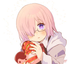 Rule 34 | 1girl, azu (kirara310), blush, box, chocolate, fate/grand order, fate (series), gift, gift box, glasses, hair over one eye, holding, looking at viewer, mash kyrielight, open mouth, purple eyes, purple hair, simple background, solo, upper body, valentine, white background