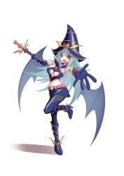 Rule 34 | 1girl, bat wings, blue hair, blue skirt, boots, breasts, chocolate magician girl, clothing cutout, crop top, duel monster, full body, gloves, hat, highres, leg up, long hair, looking at viewer, midriff, navel, pointy ears, red eyes, sengenjin31, shirt, skirt, sleeveless, sleeveless shirt, smile, solo, underboob, underboob cutout, very long hair, wand, wings, witch hat, yu-gi-oh!