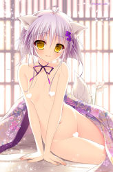 Rule 34 | 1girl, ahoge, animal ears, arm support, backlighting, bed sheet, blanket, blurry, blurry background, blush, breasts, censored, censored nipples, closed mouth, collarbone, depth of field, dog ears, dog tail, eyelashes, floral print, flower, groin, hair flower, hair ornament, heart, heart censor, highres, inagaki miiko, looking at viewer, navel, neck ribbon, nude, on bed, original, pink ribbon, reclining, ribbon, short hair, silver hair, small breasts, smile, solo, sparkle, stomach, tail, tareme, twitter username, under covers, white flower, yellow eyes