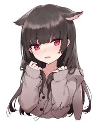 Rule 34 | 1girl, aiko (kanl), animal ears, animal hood, black hair, rabbit ears, rabbit hood, buttons, cat ears, cropped torso, extra ears, floppy ears, frown, grey jacket, hands up, hood, hood down, hooded jacket, jacket, long hair, long sleeves, looking at viewer, open mouth, original, red eyes, sidelocks, simple background, sleeves past wrists, solo, wavy mouth, white background