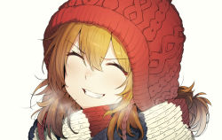 Rule 34 | 1girl, beanie, blonde hair, blush, breath, copyright request, closed eyes, facing viewer, grin, hat, scarf, simple background, smile, solo, souryuu asuka langley, wakamesan, white background
