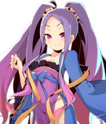 Rule 34 | 1girl, blush, breasts, cleavage, cowboy shot, dress, fate/grand order, fate (series), frills, hair ornament, long hair, purple eyes, purple hair, ribbon, simple background, smile, solo, standing, twintails, v-shaped eyebrows, very long hair, white background, wide sleeves, wu zetian (fate), wu zetian (first ascension) (fate)