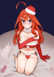 Rule 34 | 1girl, absurdres, ahoge, alternate costume, amog, bare shoulders, barefoot, bikini, blue eyes, blush, breasts, christmas, cleavage, closed mouth, condom, condom packet strip, condom wrapper, elbow gloves, gloves, go-toubun no hanayome, hair between eyes, hair ornament, hat, highres, large breasts, long hair, looking at viewer, nakano itsuki, red bikini, red gloves, red hair, red hat, santa hat, sex toy, side-tie bikini bottom, sitting, solo, star (symbol), star hair ornament, swimsuit, thighs, tissue box, toes, vibrator