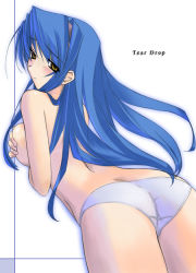 Rule 34 | 1girl, 5pb., ass, back, blue hair, blush, breast hold, breasts, butt crack, hairband, large breasts, long hair, looking back, panties, panties only, pastel chime, pastel chime continue, saika s. falnese, solo, topless, tsuina, underwear, underwear only, white panties, yellow eyes