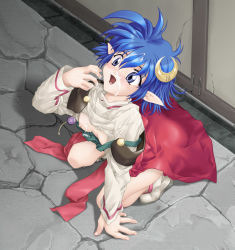 Rule 34 | 1girl, blue eyes, blue hair, breasts, cum, cum on body, cum on breasts, cum on upper body, facial, hair ornament, hairclip, kneeling, large breasts, matching hair/eyes, minagi tomo, open mouth, pointy ears, rena lanford, short hair, solo, star ocean, star ocean the second story