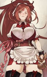Rule 34 | 1girl, alternate costume, amputee, apron, baiken, big hair, breasts, center frills, collared shirt, frills, from below, guilty gear, highres, holding, jako (toyprn), japanese clothes, kataginu, large breasts, looking to the side, maid, miniskirt, necktie, one-eyed, pink hair, ponytail, red necktie, red skirt, scar, scar across eye, shirt, skindentation, skirt, solo, thighhighs, waist apron, wrist cuffs
